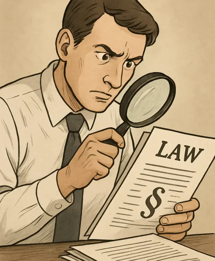Análise legal, advogado examinando documentos jurídicos com lupa. Foco em notícias de direito e atualizações legislativas, destacando a importância do conhecimento jurídico na sociedade moderna.