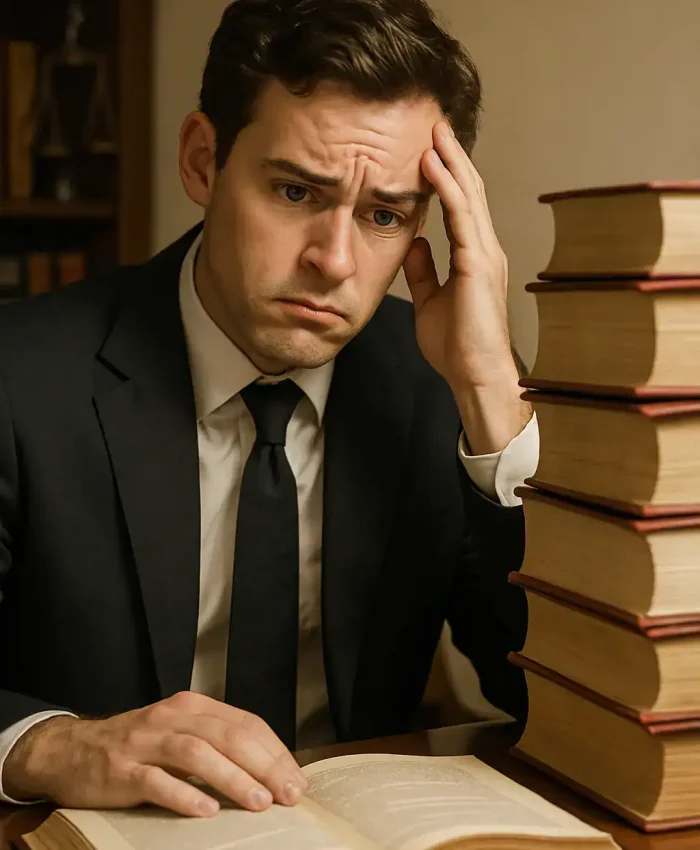 Preocupado com documentos jurídicos, homem com expressão de dúvida ou estresse, estudando direito ou legislação, cercado de livros jurídicos.