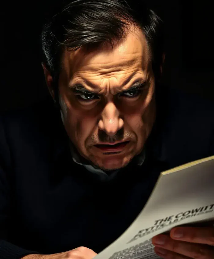 Nervoso e irritado, homem indignado lendo uma carta ou documento importante em tom de protesto, ilustrando temas de direito e justiça.