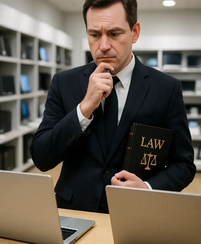 1. Homem de terno pensando em questões jurídicas, com livros de direito na mão, diante de computadores em biblioteca ou escritório de advocacia.