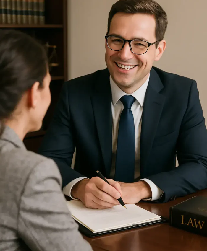 Advogado sorridente atendendo cliente em escritório de Direito, representação jurídica, consultoria legal e assessoria em Direito hoje Notícias.