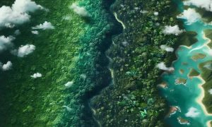 Árvores e rios em uma floresta tropical com nuvens, destacando a importância da preservação ambiental e da legislação ambiental no Brasil.