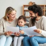 Família feliz analisando documentos juntos em sala de estar, representando direitos e conquistas legais.