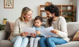 Família feliz analisando documentos juntos em sala de estar, representando direitos e conquistas legais.