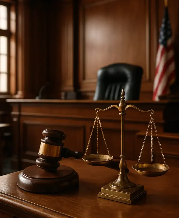 Justiça, martelo de juiz, balança de árbitro, cadeiras de tribunal e ambiente jurídico em sala de tribunal de madeira.