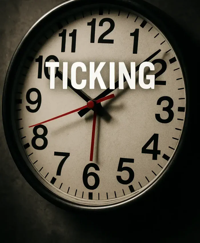Relógio de parede com a palavra "ticking" em destaque, simbolizando o tempo e a urgência, relacionado a temas de direito, prazos legais e notícias de direito hoje.