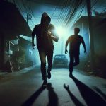 Homem com capuz andando em rua escura à noite, com iluminação de fundo e clima de suspense, destacando temas de criminalidade e segurança.