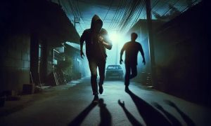 Homem com capuz andando em rua escura à noite, com iluminação de fundo e clima de suspense, destacando temas de criminalidade e segurança.
