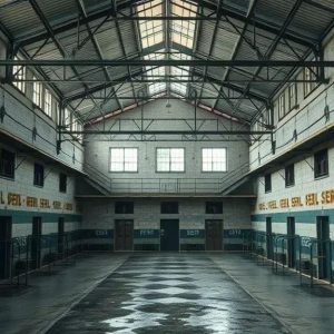 Escritório de tribunal vazio com paredes de blocos, janelas altas e teto de metal, espaço de justiça na cidade de São Paulo, Brasil, com marcações e sinalização do SEIPS, imagem de acordo com notícias jurídicas no Brasil.