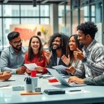 Pessoas diversas em reunião de equipe no escritório, discutindo estratégias e projetos, promovendo colaboração e inovação no ambiente de trabalho.