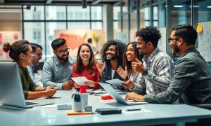 Pessoas diversas em reunião de equipe no escritório, discutindo estratégias e projetos, promovendo colaboração e inovação no ambiente de trabalho.