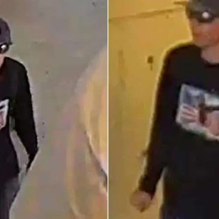 Roupo de homens suspeitos de roubo usando roupas pretas e óculos escuros, abordando uma pessoa na rua, imagens captadas por câmera de segurança para notícias de direito hoje notícias.