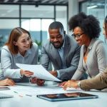 Profissionais de escritório discutindo e analisando documentos importantes em ambiente corporativo, promovendo debates sobre direito e negócios com foco em notícias jurídicas atuais.