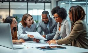Profissionais de escritório discutindo e analisando documentos importantes em ambiente corporativo, promovendo debates sobre direito e negócios com foco em notícias jurídicas atuais.