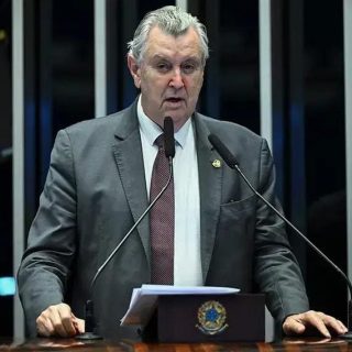 Senador brasileiro falando em sessão do Congresso com bandeira do Brasil ao fundo.