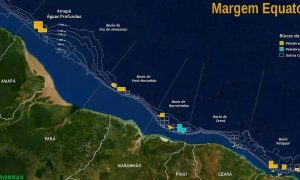 Caixa de vídeo com o mapa do estado do Maranhão destacando os blocos de petróleo operados pela Petrobras na Margem Equatorial, incluindo áreas de águas profundas e baías, essenciais para economia e direito marítimo.