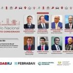 Seminário Nacional sobre crédito consignado com ministros, palestrantes e profissionais do setor financeiro no Rio de Janeiro, destacando debates sobre políticas de crédito e economia.