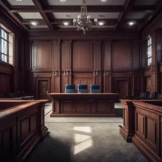 Padrão de sala de tribunal de justiça com móveis de madeira escura e iluminação natural, ambiente formal para audiências e julgamentos.