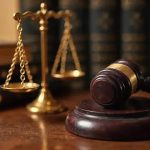Balança da justiça e martelo de juiz em ambiente jurídico, símbolo de direito e tribunais.