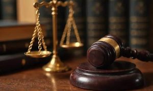 Balança da justiça e martelo de juiz em ambiente jurídico, símbolo de direito e tribunais.