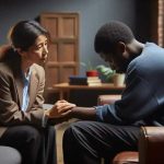Confidência entre terapeuta e paciente afrodescendente em consultório, prática de apoio psicológico, assistência emocional, saúde mental, direitos do indivíduo, confidencialidade e bem-estar emocional.
