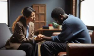 Confidência entre terapeuta e paciente afrodescendente em consultório, prática de apoio psicológico, assistência emocional, saúde mental, direitos do indivíduo, confidencialidade e bem-estar emocional.