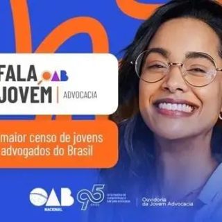 Jovem advogada sorridente usando óculos, promovendo o maior censo de jovens advogados do Brasil, com logos do OAB e campanha Fala Jovem Advocacia em fundo colorido.