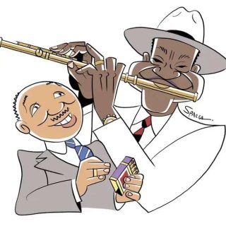Fotografia de um advogado sorridente ao lado de um músico tocando flauta, representação de colaboração entre profissionais na área jurídica e artística no Brasil.