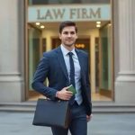 Empresário de terno na frente de escritório de advocacia com fachada elegante e sinal de "LAW FIRM" ao fundo, representando notícias de direito e soluções jurídicas confiáveis.