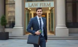 Empresário de terno na frente de escritório de advocacia com fachada elegante e sinal de "LAW FIRM" ao fundo, representando notícias de direito e soluções jurídicas confiáveis.