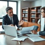 Advogados de direito trabalhista discutindo casos e estratégias jurídicas em escritório de advocacia.