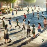 Brincadeiras infantis ao ar livre na escola, crianças jogando futebol, pule-pula e desenhando no chão, ambiente escolar animado, segurança e lazer educacional, prática de atividades físicas na infância.