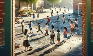 Brincadeiras infantis ao ar livre na escola, crianças jogando futebol, pule-pula e desenhando no chão, ambiente escolar animado, segurança e lazer educacional, prática de atividades físicas na infância.