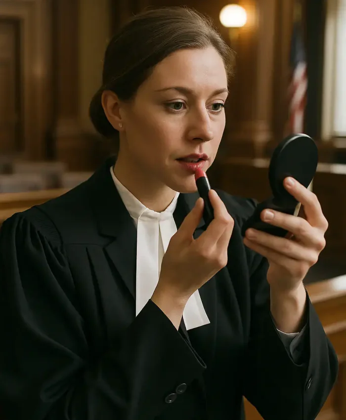 Advogada de toga preta se maquiando com batom vermelho antes de audiência no tribunal. Mulher se prepara para uma sessão jurídica, destacando detalhes de preparação e vestimenta formal de profissionais do direito.