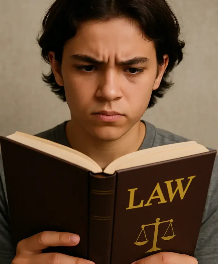 Estudante jovem lendo livro de direito com expressão de dúvida, símbolo de interesse e estudo em direito e legislação.