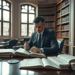 Estudante de direito concentrado estudando na biblioteca clássica de um escritório de advocacia, cercado por livros jurídicos e acessório de julgamento, representando pesquisa e estudos jurídicos.