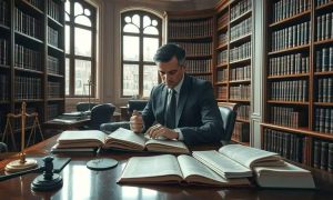 Estudante de direito concentrado estudando na biblioteca clássica de um escritório de advocacia, cercado por livros jurídicos e acessório de julgamento, representando pesquisa e estudos jurídicos.