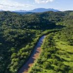 Paisagem de rio serpenteando por uma floresta densa em um cenário de montanhas, destacando a preservação ambiental e diversidade da natureza brasileira.