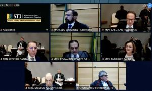 Audiencia do julgamento colegiado do STJ sobre questões de apoio jurídico e sessão de tribunal na quinta turma do STJ. Imagens de ministros e participantes em reunião judicial, discutindo casos legais e julgamentos.