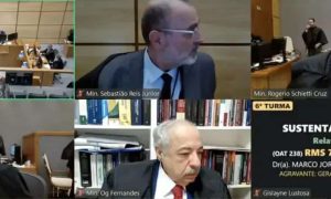 Tarja de testemunhas orais em sessão de tribunal, advogados e juízes participando, direito hoje notícias.