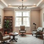 Sala de estar de escritório com móveis elegantes, quadros decorativos na parede, iluminação natural e plantas, criando um ambiente aconchegante e profissional para reuniões e avaliação de casos jurídicos.