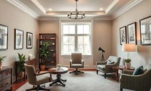 Sala de estar de escritório com móveis elegantes, quadros decorativos na parede, iluminação natural e plantas, criando um ambiente aconchegante e profissional para reuniões e avaliação de casos jurídicos.