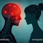 Cérebro humano destacado em ilustração com elementos de anatomia e conexão neural, simbolizando processos de reabilitação cerebral e reintegração social.