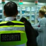 Homem de segurança em ambiente de loja ou supermercado, focado na proteção e segurança dos clientes, destacando a importância da segurança pública e privada.
