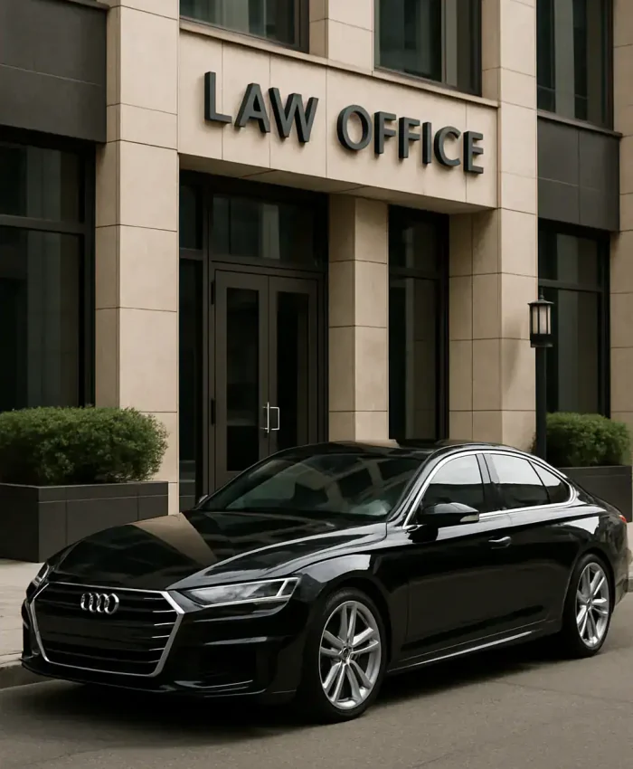 Audi A5 preto estacionado em frente a um prédio com sinal de "LAW OFFICE" em destaque.