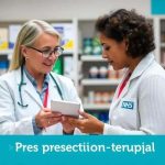 Prescrição terapêutica em farmácia hospitalar com profissionais de saúde.