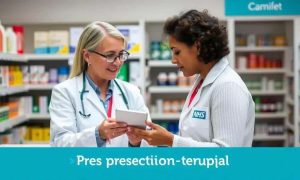 Prescrição terapêutica em farmácia hospitalar com profissionais de saúde.