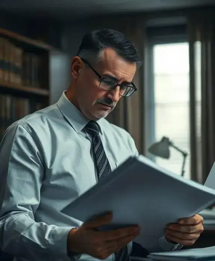 Advogado analisa documentos jurídicos em escritório com estantes de livros ao fundo.